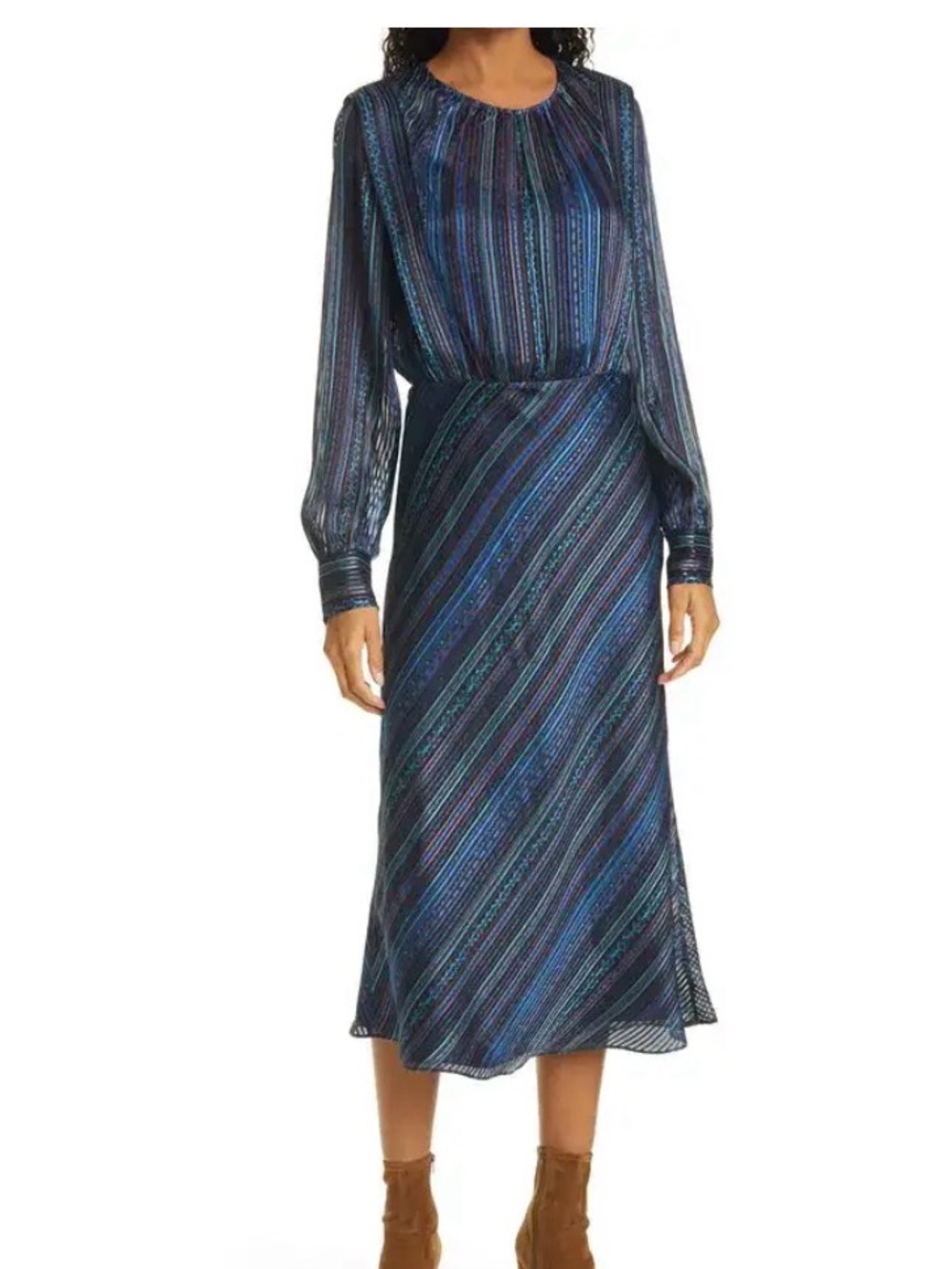 Veronica Beard Striped Long Sleeve Midi Dress in Navy Blue
